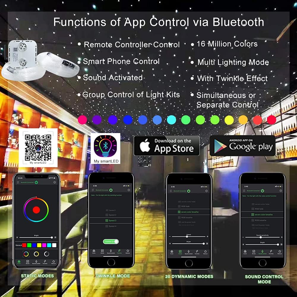 AKEPO Car Home Use 32W RGBW Twinkle+ Sound Activated+ APP Fiber Optic Lights Kit Star Ceiling Sky Light with Total 800pcs in 13.1ft/4m + 9.8ft/3m Long Optical Fiber Cable for Indoor or Interior Decor