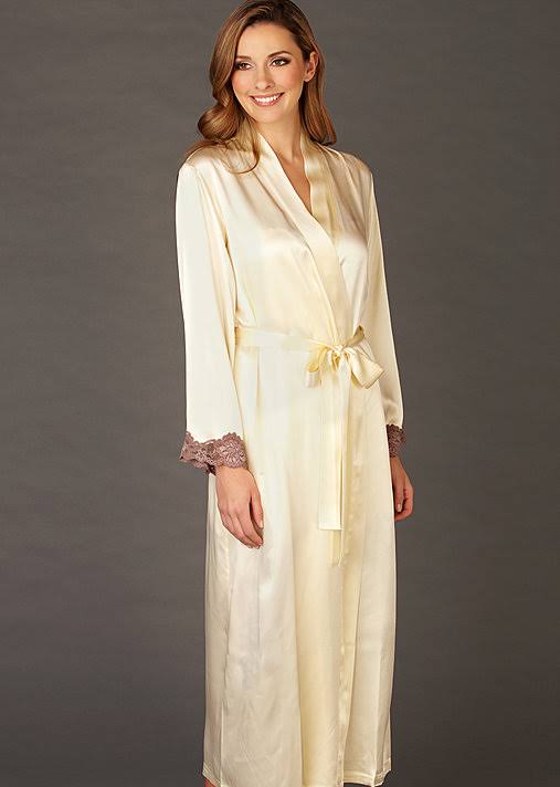 Julianna Rae | Indulgence Silk Robe, Pearl Toffee, L/xl, Luxury Long Silk Robe for Women, Calais Lace Cuffs, Side Pockets, Julia