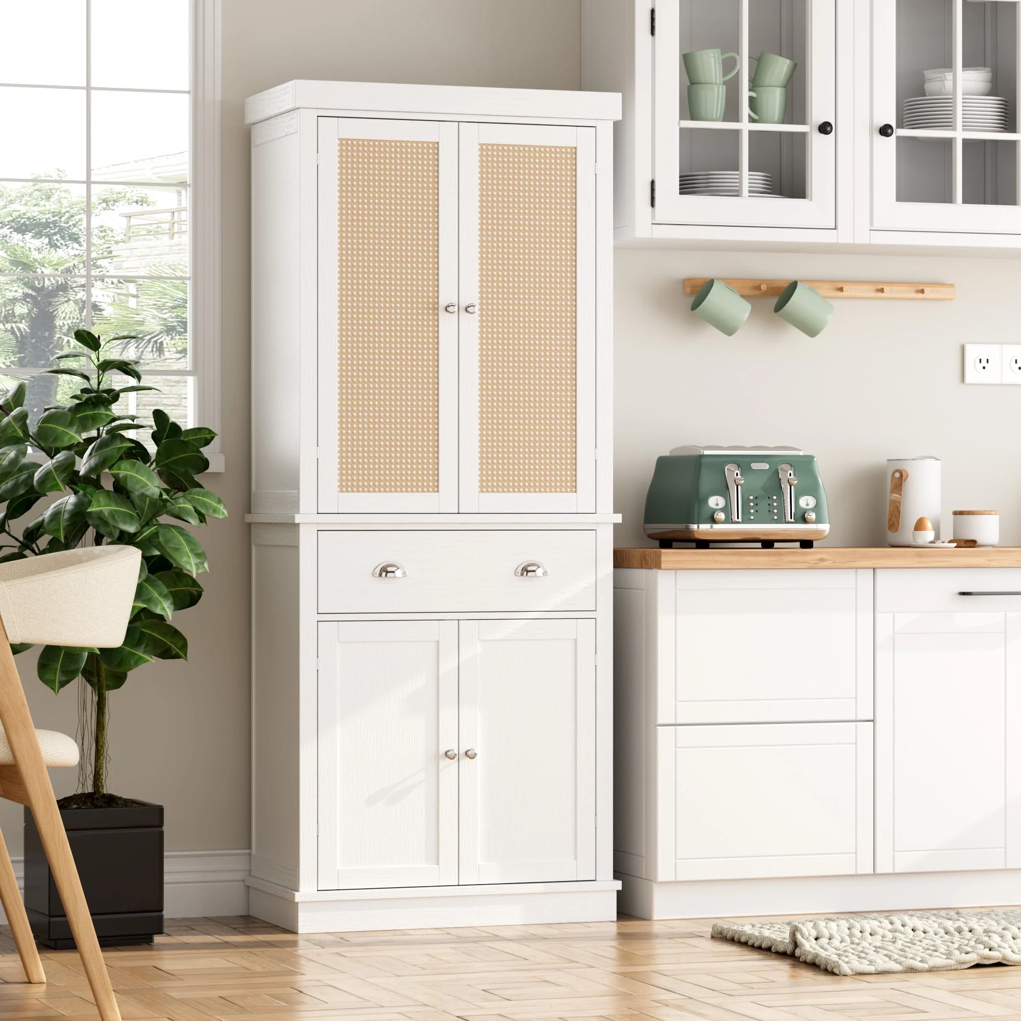 Homfa 72.4'' Tall Kitchen Pantry with 4 Doors, Large Drawer Shelves Wood Storage Cabinet for Dining Room Living Room, White