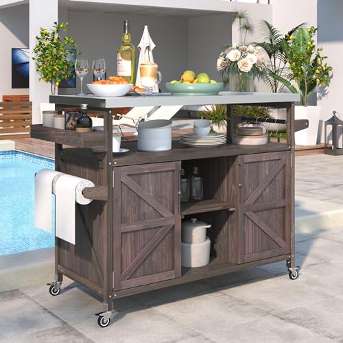 Outdoor Kitchen Island, Rolling Bar Cart & Storage Cabinet, Farmhouse Solid Wood Outdoor Grill Table with Stainless Steel Top, Spice Rack, Towel Rack for Kitchen & BBQ (Natural)