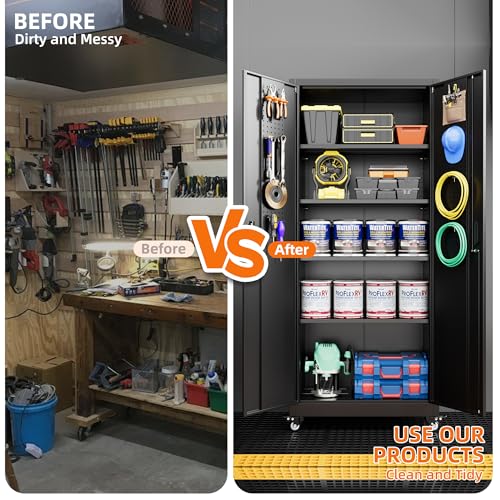 73" H Metal Storage Cabinet with Wheels, Garage Storage Cabinet with 4 Adjustable Shelves and Lockable Doors for Garage Home Office Utility Room,Required Assembly,Black