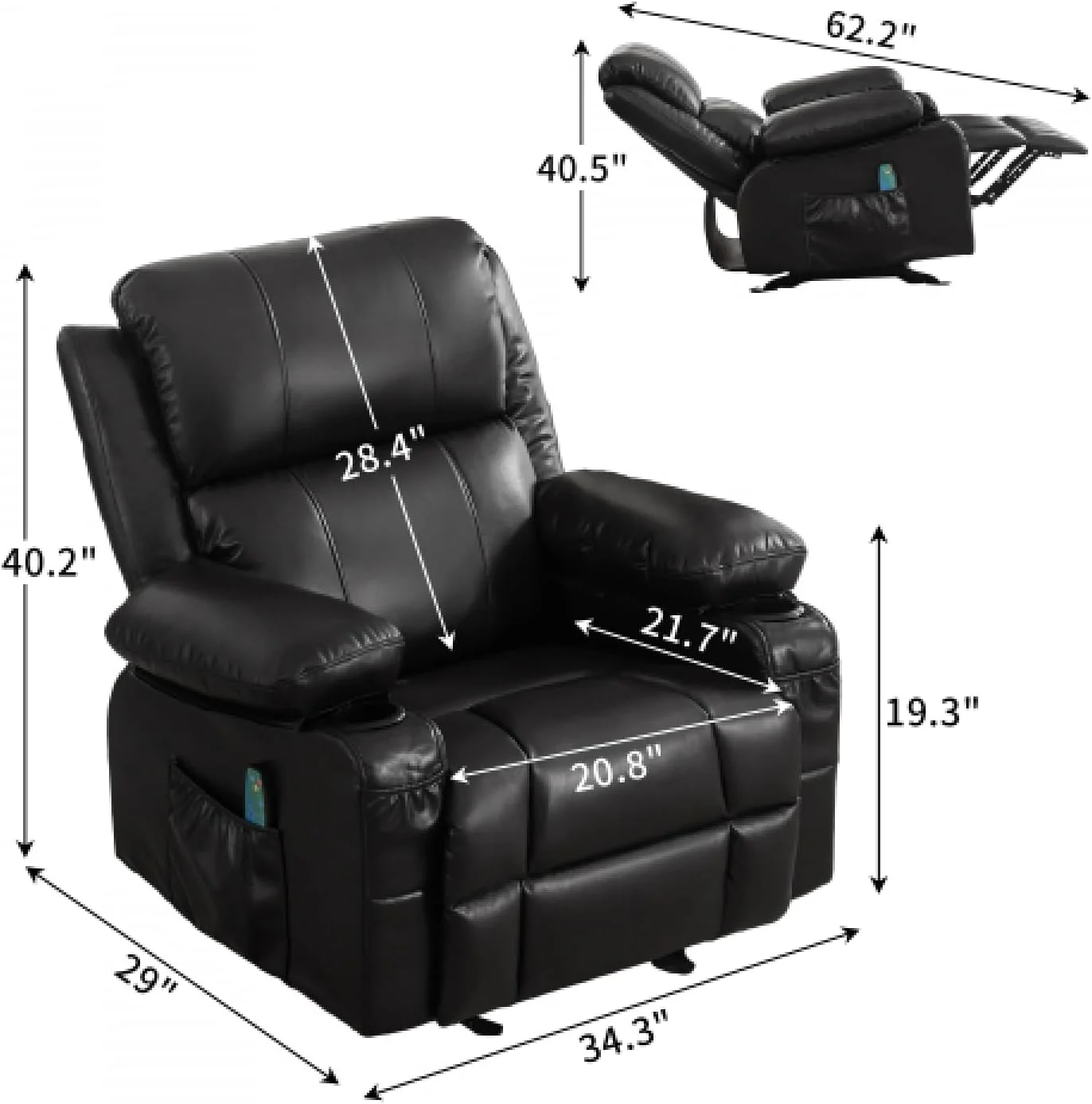 Oversized Power Rocker Recliner with Heat and Massage, Leather Recliner Chairs for Adults, Ergonomic Single Sofa Chair with Cup Holders, Side Pockets and USB, for Living Room/Office (Black)