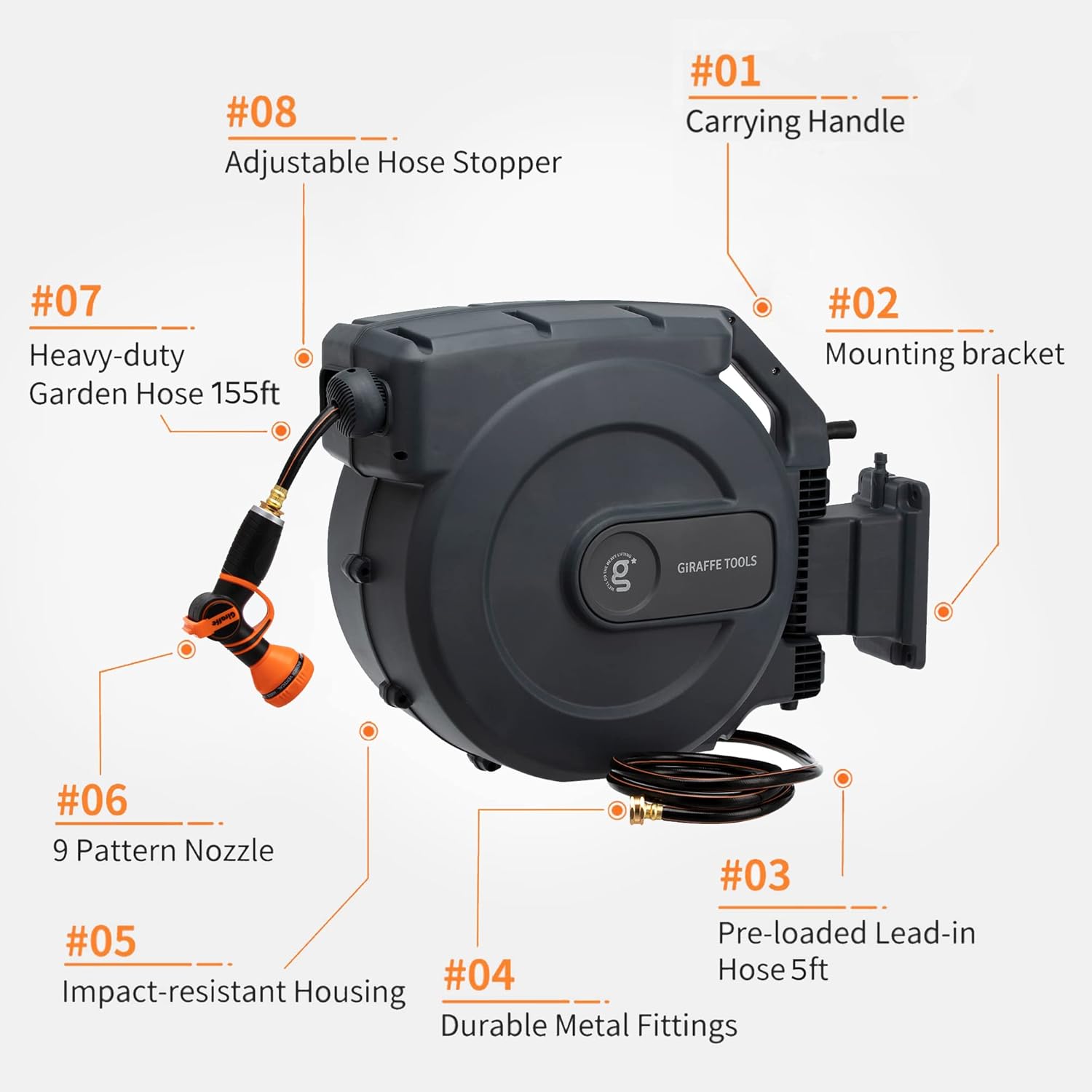 Giraffe Retractable Garden Hose Reel 1/2" x 155+5 ft, Heavy Duty Wall Mounted Water Hose Reel with Automatic Rewind, 180° Swivel Bracket, Slow Retraction Technik, 9 Pattern Nozzle