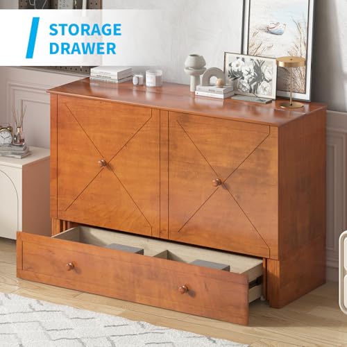 Mjkone Queen Size Murphy Bed with Tri-Folding Mattress, Charging Station, Modern Cabinet Bed with Drawers, Multifunctional Design Wall Murphy Beds for Living Room, Apartment (Cherry Pattern H)