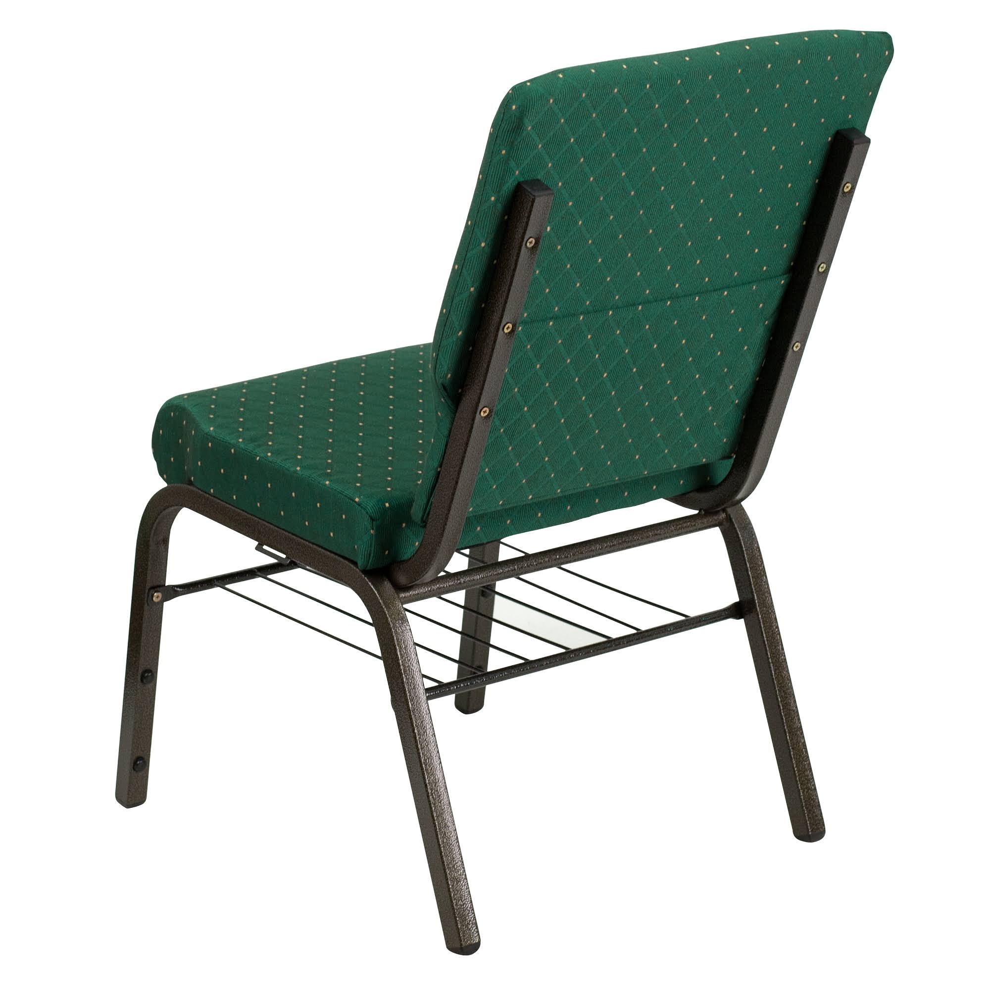 Hercules Series 18.5&&W Church Chair with Book Rack Green Patterned Fabric/Gold Vein Frame