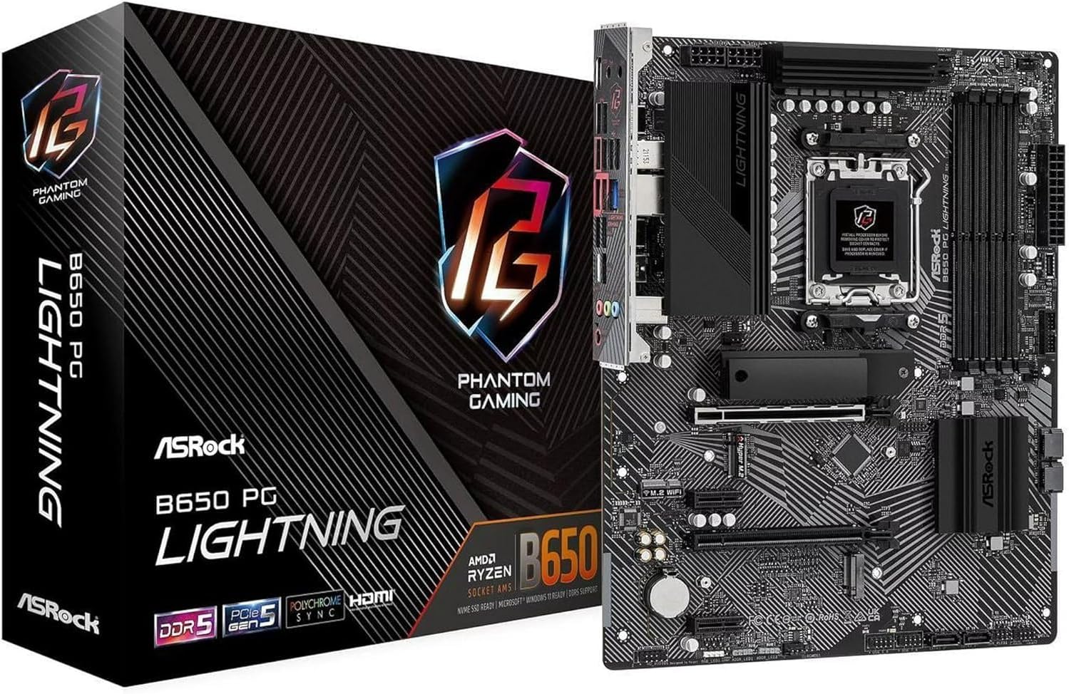 ASRock B650 PG Lighting AM5 ATX Motherboard Bundle with AMD Ryzen 5 7600X, 4 Slots DDR5, PCIE 4.0 x16, 3 M.2 Slots, 2.5Gb LAN, 7.1 Nahimic Audio, Rear USB3.2 Gen2x2 Type-C, 14+2+1 Power Phase