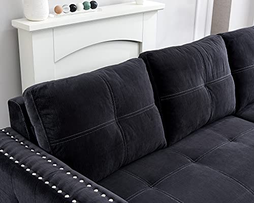 JULYFOX Black Sectional Sofa with Storage Chaise, Mid Century Modern Reversible L-Shaped Sleeper Sectional Sofa Bed Button Tufted Copper Nail Head Trim 90 inch Wide for Living Room Office