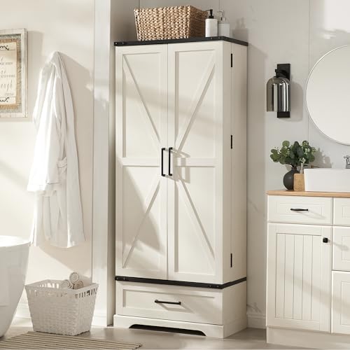 72" Farmhouse Kitchen Pantry Cabinet with Drawer, Tall Storage Cabinet with 2 Barn Doors and Shelves, Versatile Large Rustic Cupboard for Dining Room, Bathroom, Living Room, Laudry, White