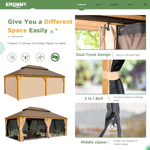 EROMMY 14'x20' Hardtop Gazebo Double Roof Galvanized Steel Canopy Outdoor Aluminum Frame Permanent Metal Pavilion with Netting and Curtains for Patio Backyard Deck and Lawns