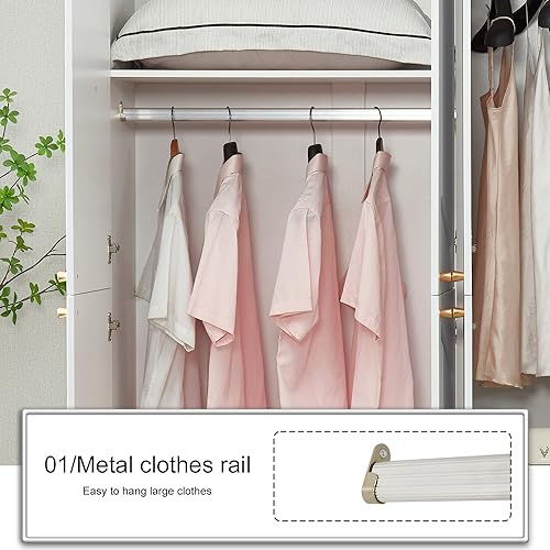 Wooden Armoire Wardrobe Closet Cabinet, 4 Door 2 Drawers White Cabinet for High Storage Capacity, Tall Cabinet Closet Wardrobe with 2 Shelves and Hanging Rod 63" L x 20.3" W x 72" H