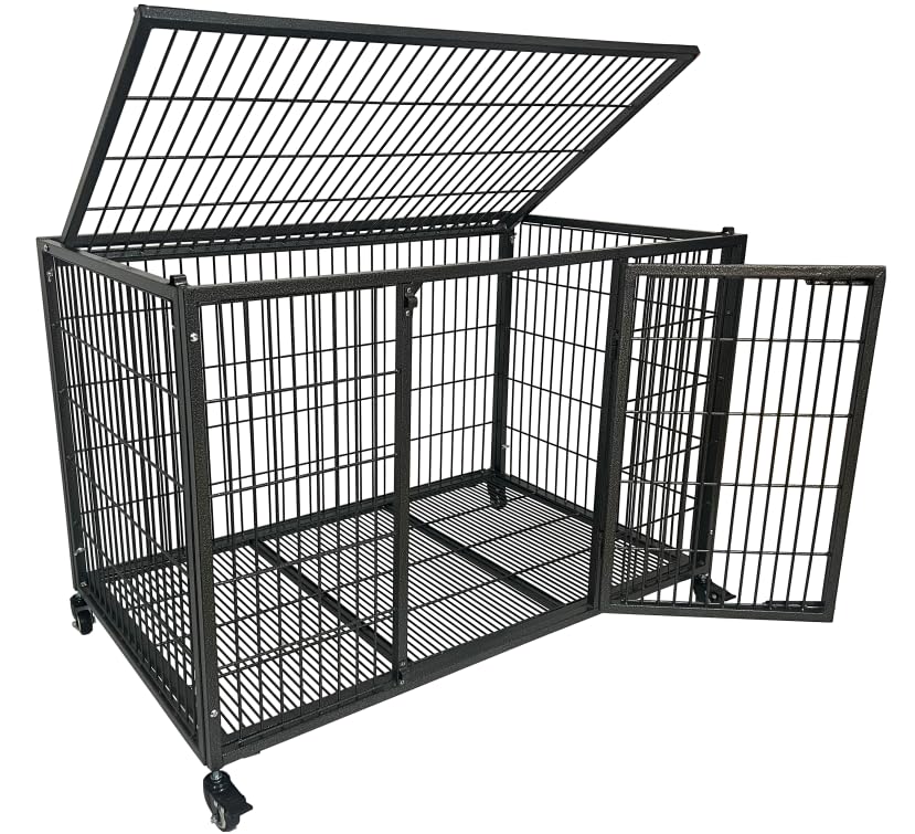 54/48/42/38 inch Heavy Duty Indestructible and Escape-Proof Dog Crate Cage Kennel for Large Dogs, High Anxiety Dog Crate with Removable Wire Trays and Wheels, Extra Large XL XXL