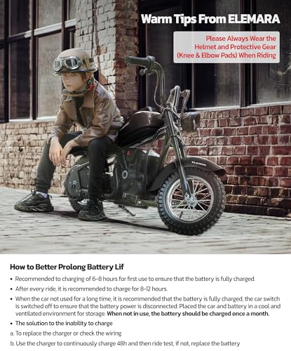 ELEMARA Electric Dirt Bike, 15 mph & 150lb Max, 24V Ride on Toy for Big Kids w/LED Lights & Power Display, Chain-Driven Motor, Twist-Grip Throttle, Shock Springs, Handbrake, 12" Air-Filled Tires-Black