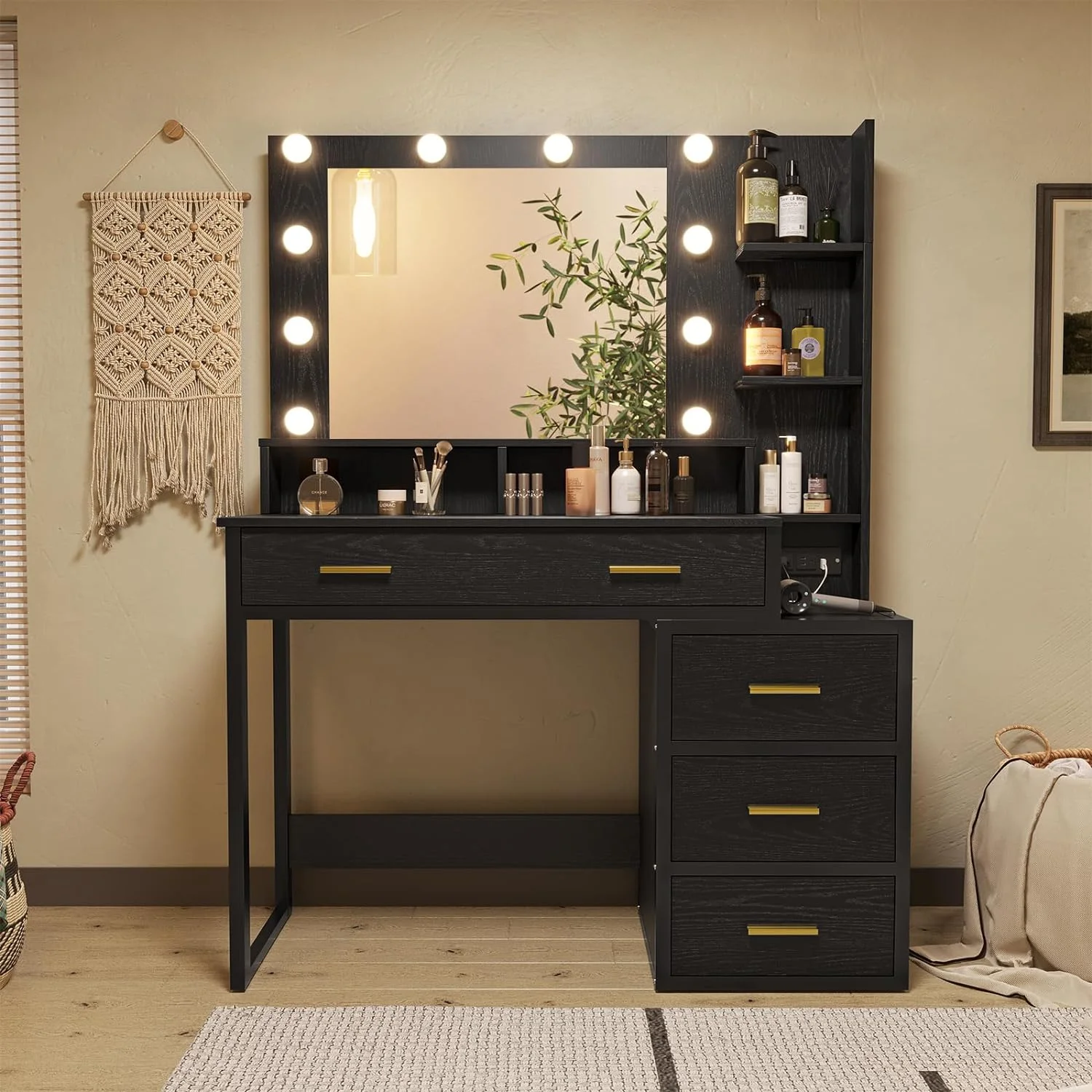 Modern Makeup Vanity, Vanity Desk with Mirror and 3 Lighting Modes, Vanity Table with Charging Station, Black