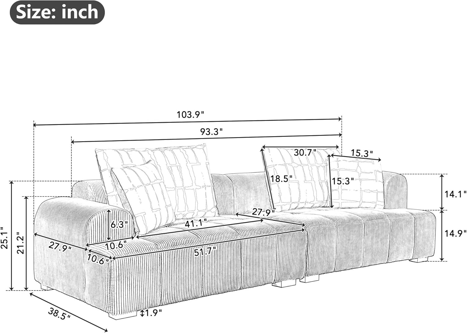 Oversized 4 Seaters Corduroy Upholstery Modular Cloud Sectional Sofa Couch,Modern Living Room Deep Seat Upholstered TV Sofa&Couch with 4PCS Pillows and Rubber Wood Legs for Home Apartment