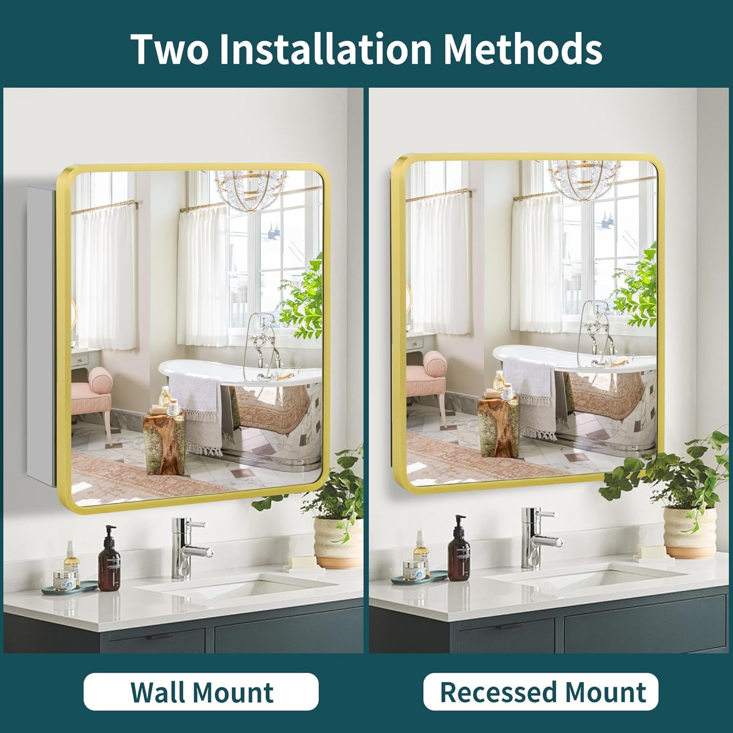 Movo Gold Bathroom Medicine Cabinet Mirror,24 inch X 22 inch Wall Mounted or Recessed Medicine Cabinet,Adjustable Glass Shelves, Waterproof and Rust-Resist Mirror Medicine Cabinet