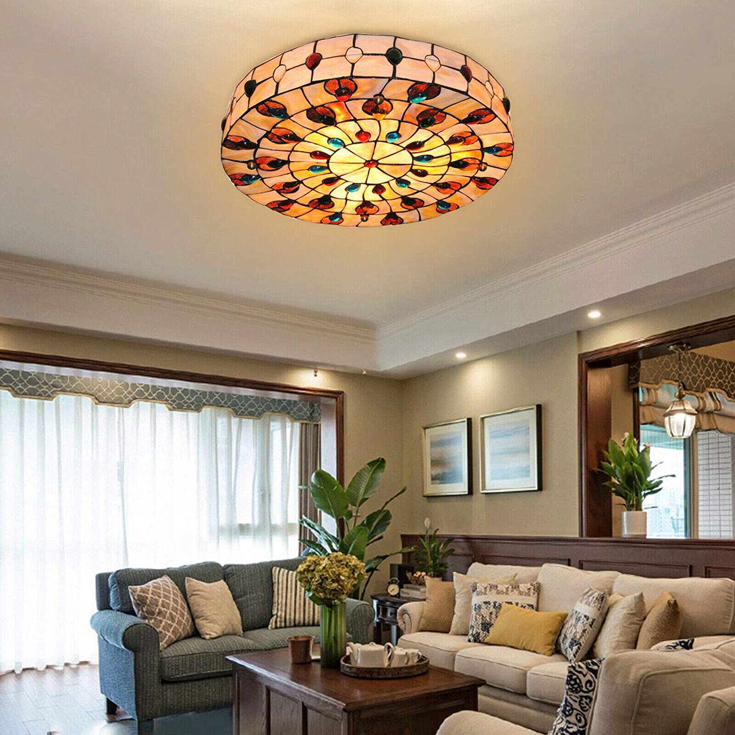 TFCFL Vintage Tiffany Ceiling Light, 20 Inch Flush Mount Stained Glass Hand-Made Art Deco Chandelier Lamp Fixture with Peacock Tail Painting Shade