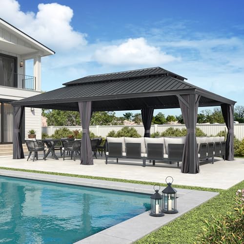 PURPLE LEAF 10' X 14' Permanent Hardtop Gazebo Aluminum Gazebo with Galvanized Steel Double Roof for Patio Lawn and Garden, Curtains and Netting Included, Grey