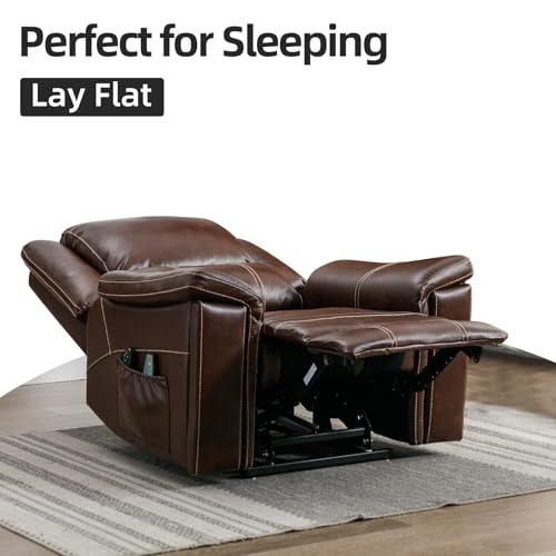 CANMOV Large Genuine Leather Power Lift Recliner Chair for Elderly, Lay Flat Dual Motor Recliner with Massage and Heated, Electric Lift Chair for Seniors with Cup Holders, Side Pocket, Dark Brown