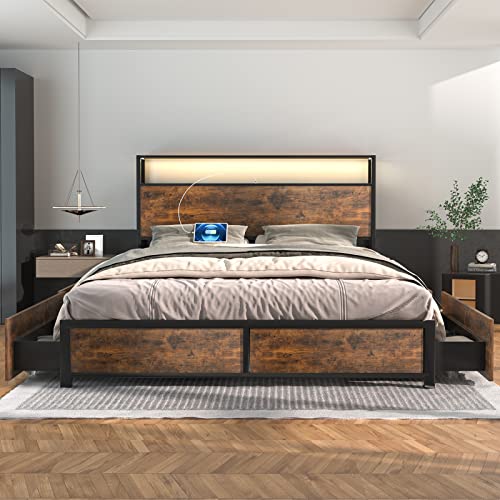 Gitua Full Size Bed Frame with Storage Drawers - Led Lights and Charging Station Metal Bed Frame with Headboard, No Box Spring Platform Bed Frame Wood, Rustic Brown