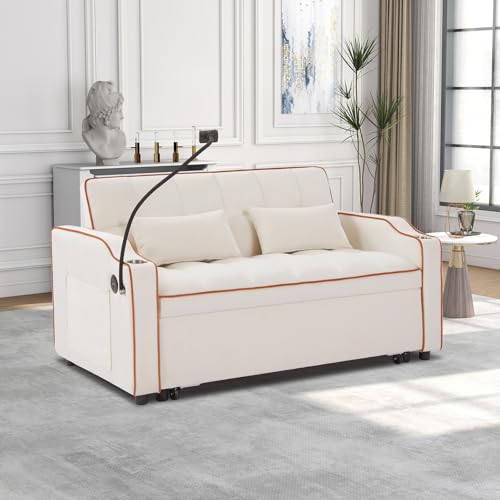 Convertible Sleeper Sofa Bed, 3 in 1 Velvet Pull Out Loveseat Couch Modern Comfy Futon Sofa with Adjustable Backrest & Phone Holder & USB Charging Space Saving for Living Room, Small Apartment, Grey