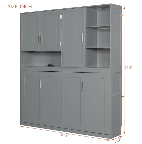 SOFTSEA Twin Murphy Bed with Storage Bookcase and Shelves, Horizontal Wall Bed with LED Light & Charging Stations, Space-Saving for Living Room, Guest Room, Bedroom, Office, Grey