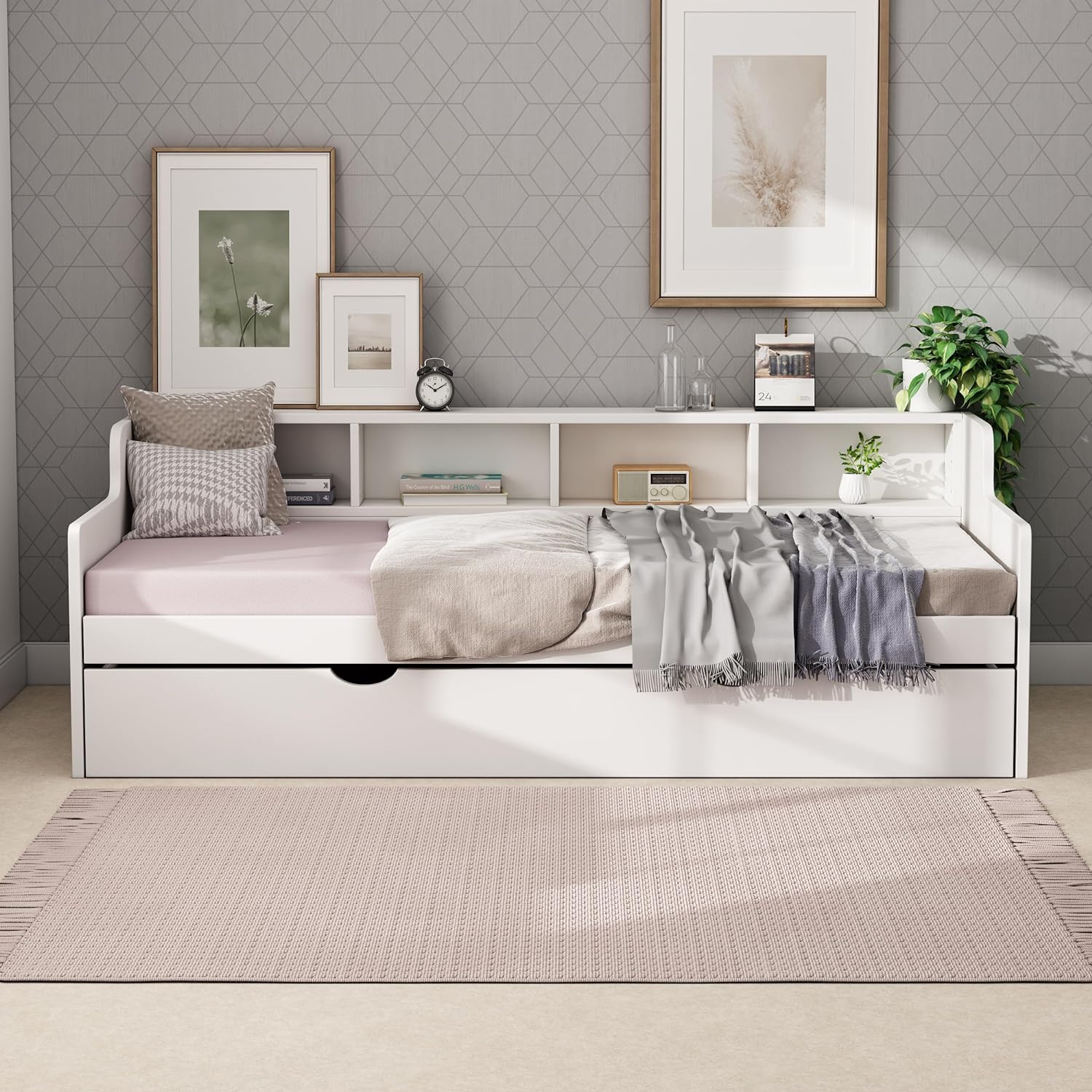 Size Daybed With Storage, Wood Daybed With Drawers & Bookcase Headboard For Kids Tees, Platform Bed With 3-I-1 Drawer For Livig Room Guest Room, White