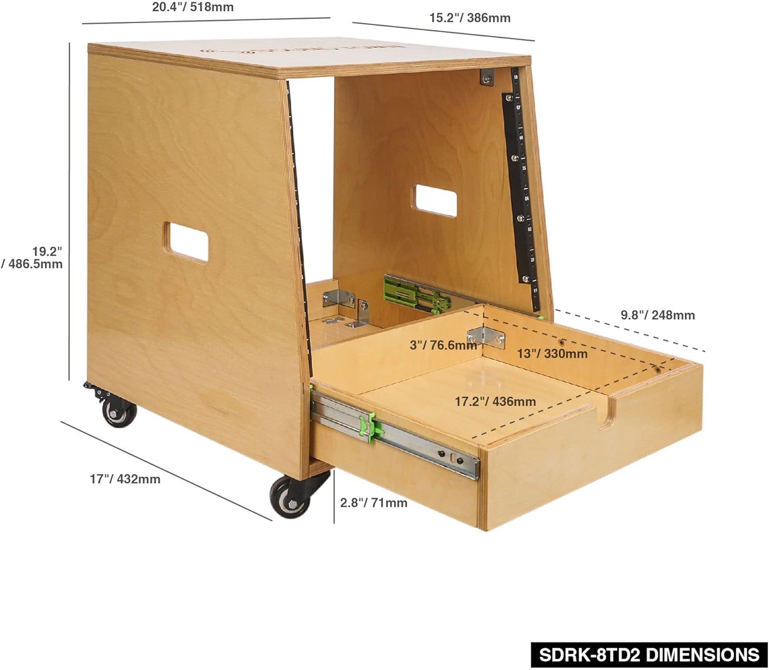 Sound Town 12U DIY Slanted Studio Rack with 12U Rack Space, Extra 2U Drawer, Plywood, Rubber Feet, Casters, Weathered Gray (SDRK-12TBD2)