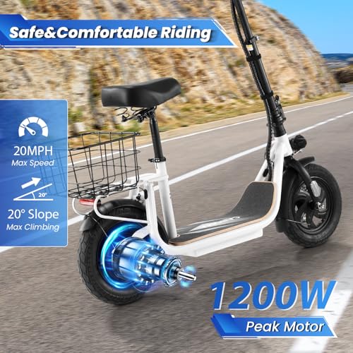 Caroma Peak 800W/1200W Electric Scooter Adults, 30 Miles Max Range, Foldable Electric Scooter with Seat, Front Suspension, Detachable Large Basket,Commuter E-Scooter for Adult and Teens