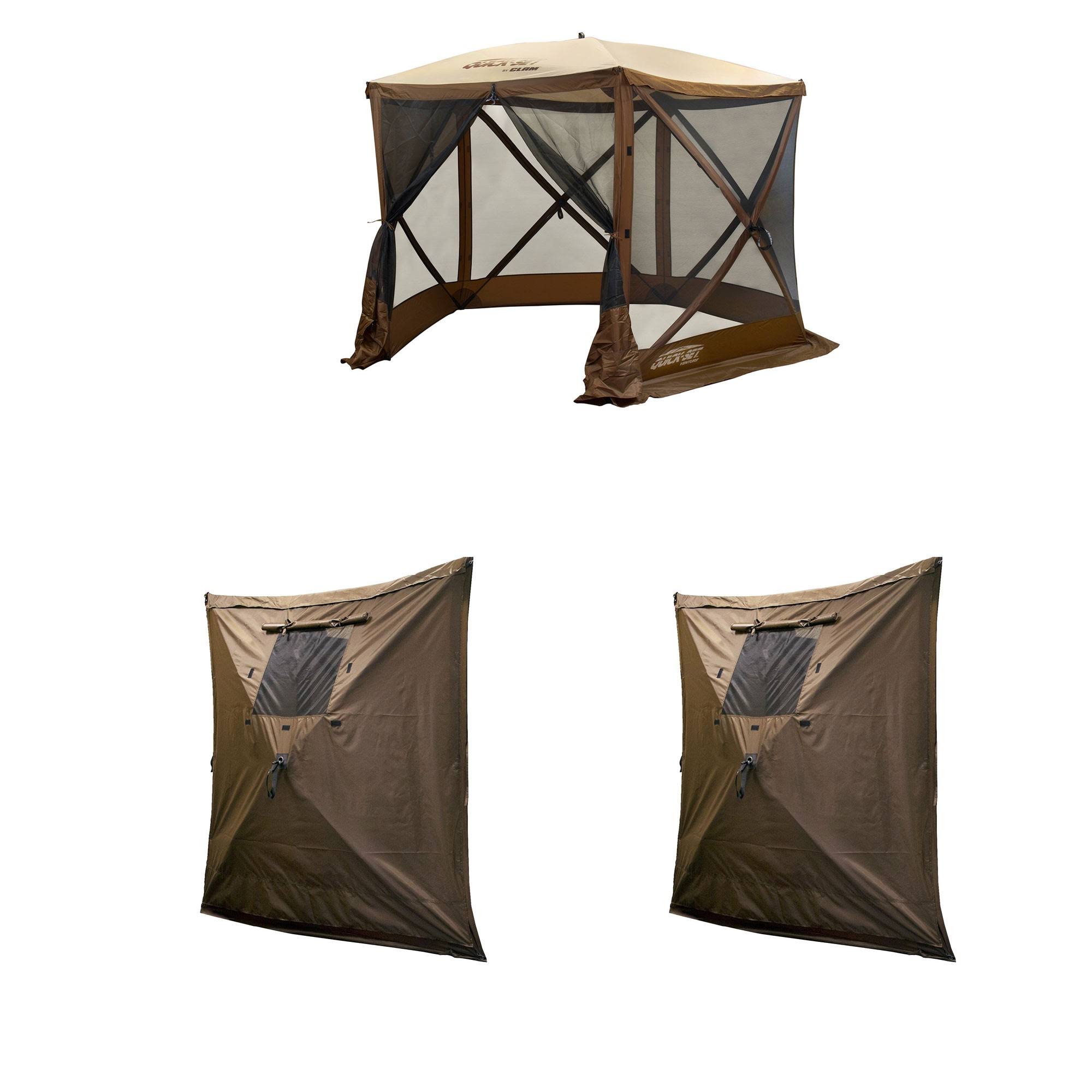 Clam PortableCanopy Shelter, Brown w/ Clam Quick Set Wind u0026 Sun Panels (6 Pack)