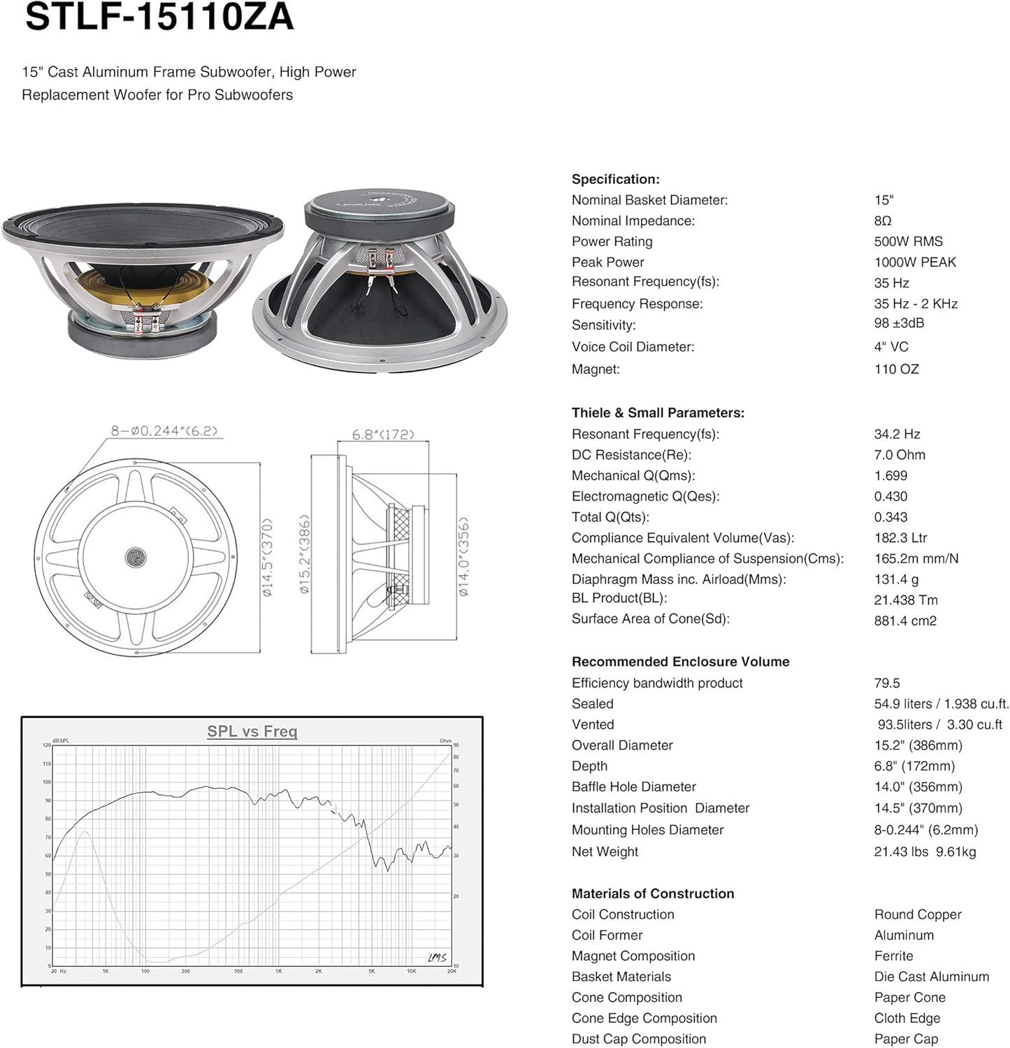 Sound Town 12�� 500W Cast Aluminum Frame Woofer (Low Frequency Driver), Replacement Woofer for PA/DJ Speakers or Subwoofer Cabinets (STLF-12120A)