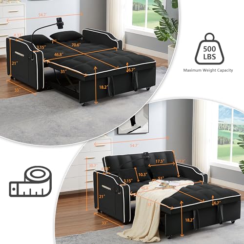 55" Convertible Sofa Bed, 3-in-1 Sleeper Sofa with Pull-Out Bed, Velvet Futon Couch with Reclining Backrest and Side Pocket & Cup Holder & Swivel Phone Stand & USB, Black