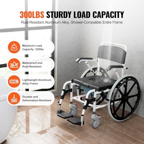 VEVOR Shower Wheelchair, 17.5in Width Aluminum Alloy Bathroom Wheelchair for Inside Shower, Adjustable Rolling Shower Chair w/Brake for Disabled Adult, 300 lbs Capacity Shower Transport Chair