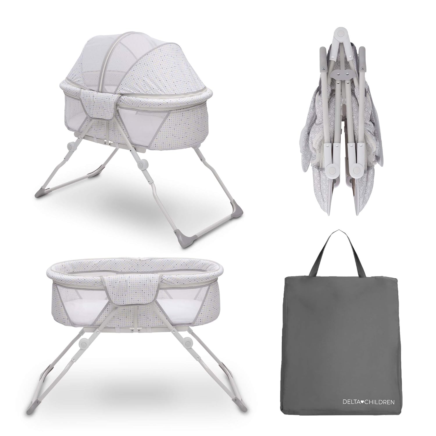 Delta Children EZ Fold Ultra Compact Travel Bedside Bassinet - Folding Portable Crib with Removable Canopy, Mirage
