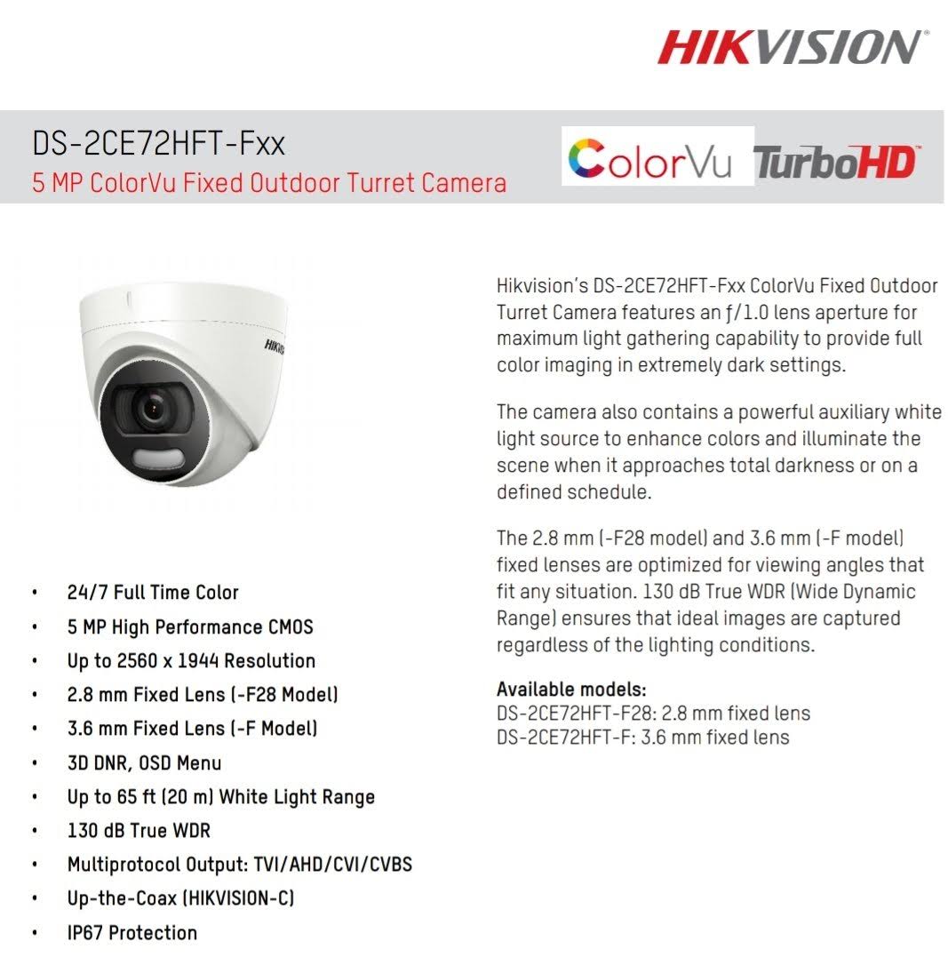 Hikvision ColorVu DS-2CE72HFT-F28 5 Megapixel Surveillance Camera - Turret
