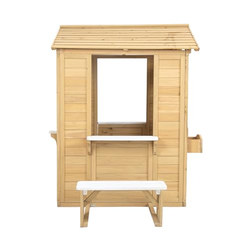 Outdoor Playhouse, Wooden Playhouse for Kids, Backyard Playhouse with Window, Mailbox, Picnic Bench, Fenced, Flowerpot Holders, Gift for Age 2+, 39" x 38" x 55.5"
