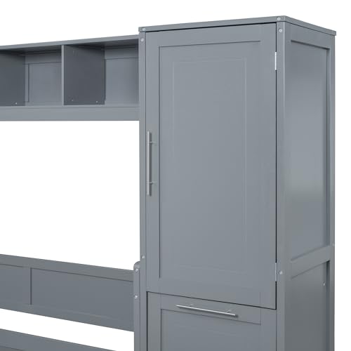 Linique Full Size Murphy Cabinet Storage Wall Bed with Closet and Drawers and Built-in Top Shelf,Hide a Bed on a Wardrobe Space Saving Design,Gray