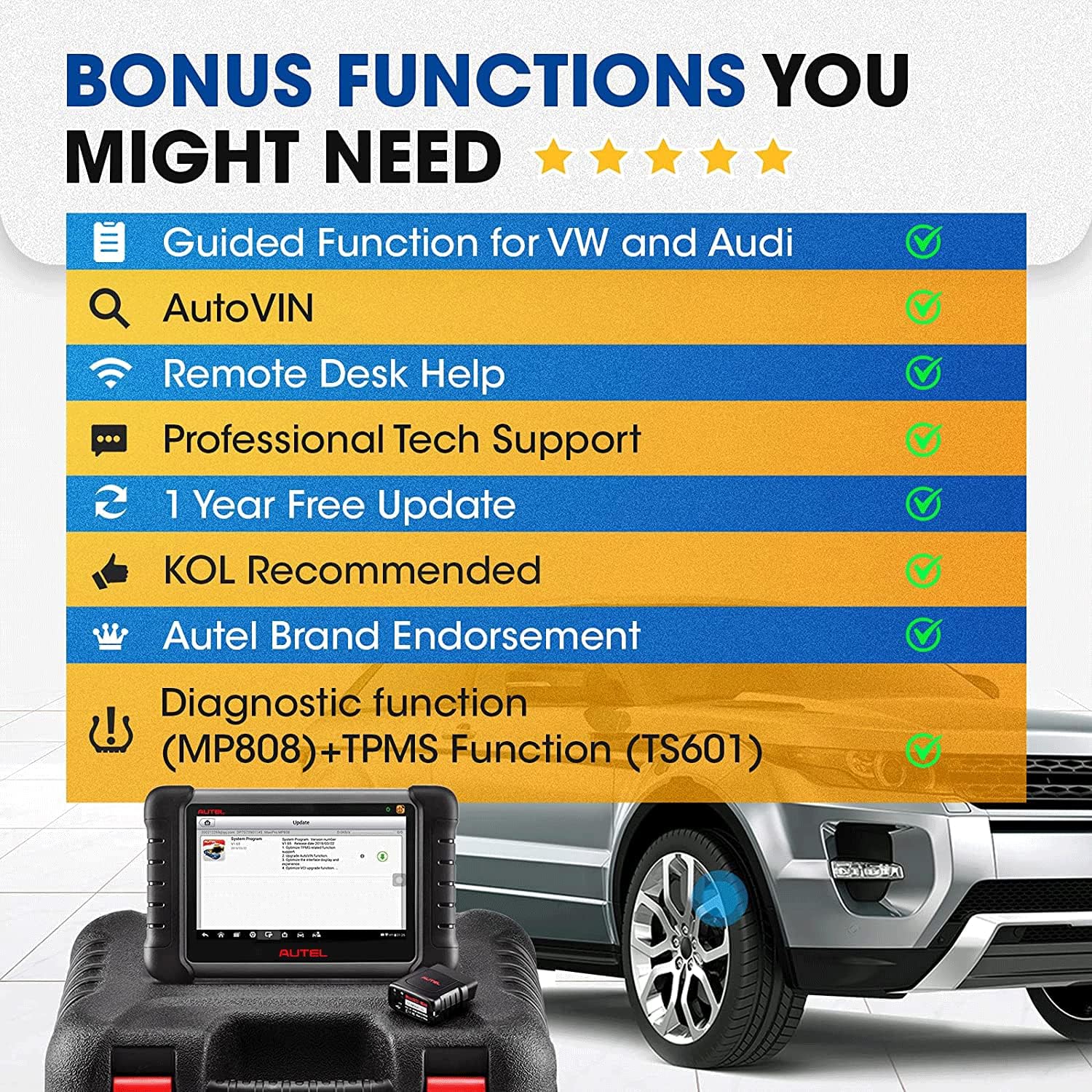 Autel MaxiPRO MP808TS, Autel Scanner with Full TPMS Service Function Updated of MP808/DS808/MP808K Diagnostic Tool , 30+ Special Functions Bi-directional Control and Wireless BT