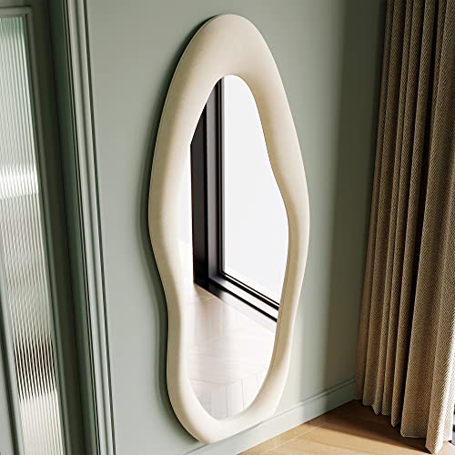Honyee Full Length Mirror, 63" x 24" Wall Mirror, Flannel Wrapped Wooden Frame Floor Mirror, Irregular Wavy Mirror Hanging or Leaning Against Wall for Cloakroom/Bedroom/Living Room, Milk Tea