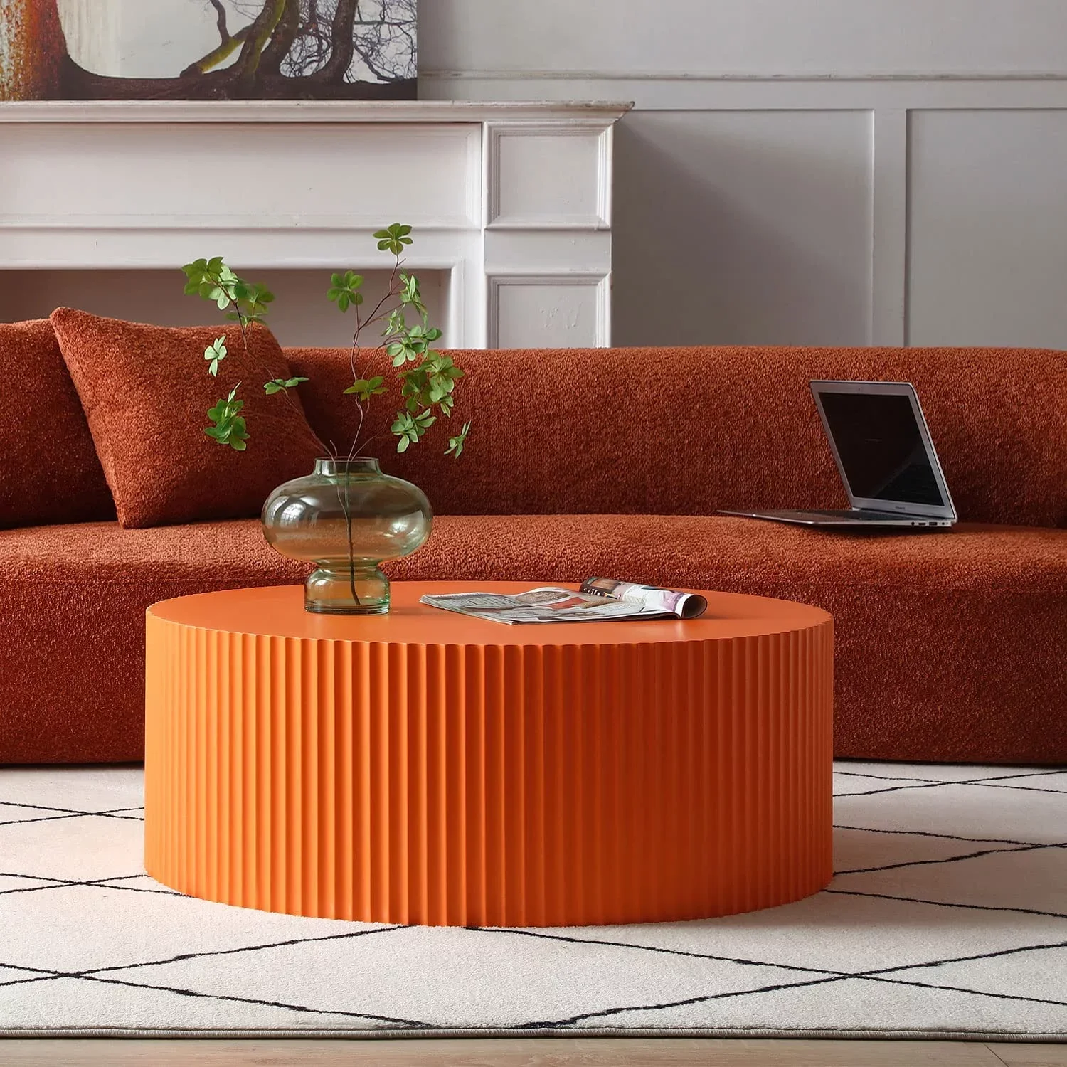 Kevinplus 35.43" Round Coffee Table, Matte Orange Wooden Large End Table for Living Room, Modern Luxury Side Tables Accent for Home Office