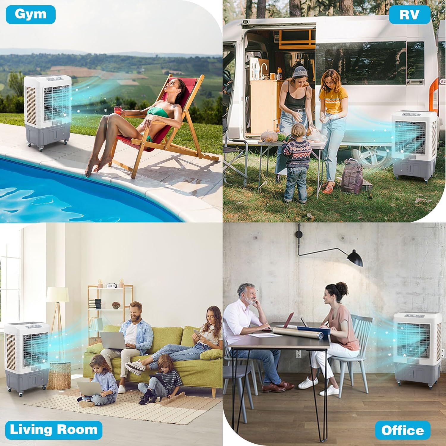 3 in 1 Portable Evaporative Cooler,Indoor,Outdoor,4118CFM Personal Air Cooler,Mechanical control,13.2 Gal Large Water Tank & Scroll Casters, 4 Ice Packs,White and gay