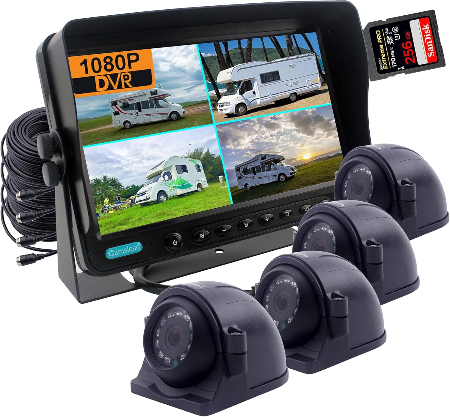 CAMSLEAD 9 inch Digital Monitor 1080P HD Rear View Camera System with Wired, HD DVR Recorder, 4 Channel Input, Quad Split Screen, 4X 1080P Heavy Duty Waterproof Backup Side View Camera for RV Trailer