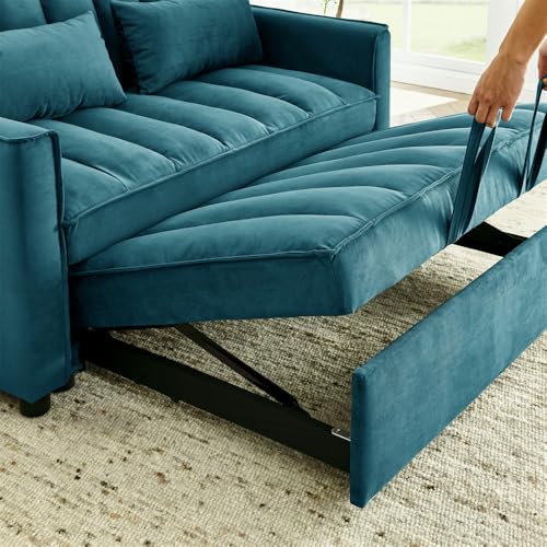 3-in-1 Convertible Sleeper Sofa Bed, Velvet Pull Out Loveseat Futon Sofa Couch with Adjustable Backrest and Pillows, Lounger Armchair Bed with Side Pockets for Living Room Bedroom (Black White)