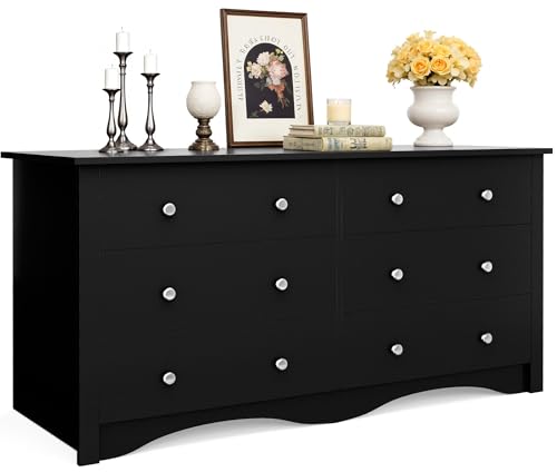 JUMMICO Dresser for Bedroom, 6 Wood Dresser Drawers, Wide Chest of Drawers, Storage Tower Unit, Modern Design for Bedroom, Living Room, Hallway, Entryway (Dark Brown)