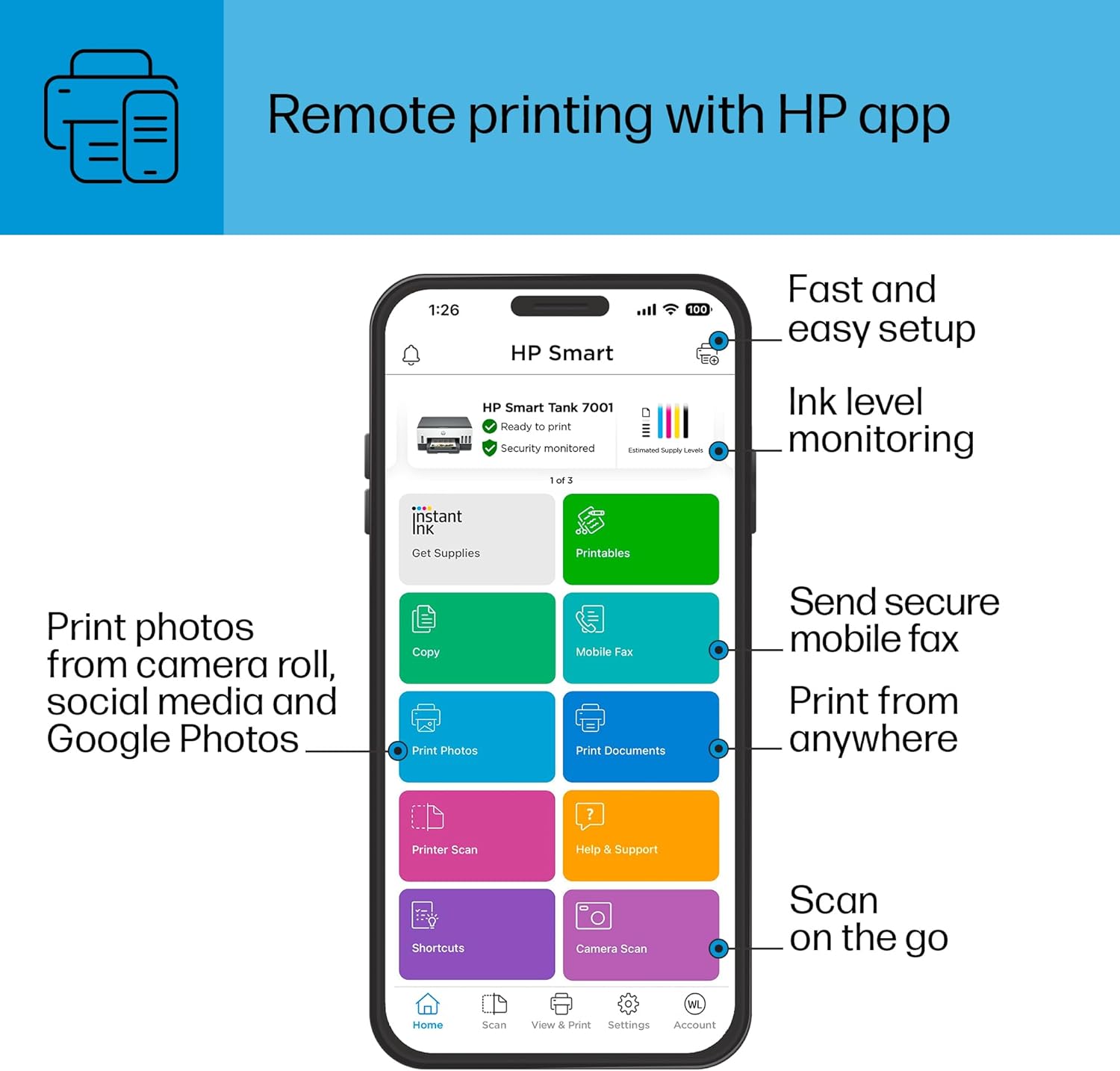 HP Smart -Tank 7001 Wireless All-in-One Cartridge-free Ink -Tank Printer, up to 2 years of ink included, mobile print, scan, copy (28B49A)