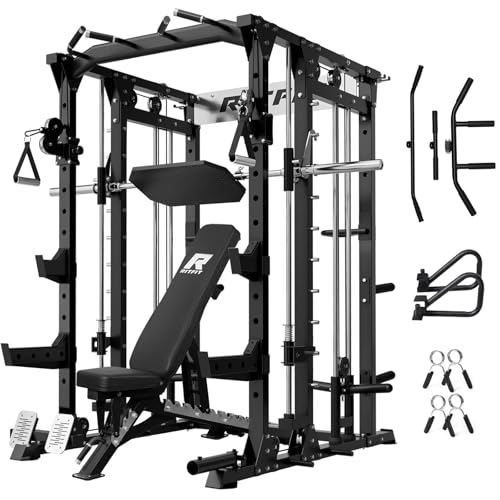 RitFit Buffalo Smith Machine, Power cage with LAT-Pull Down System & Cable Crossover System, All-in-One Squat Rack for Home Gym, Power Rack