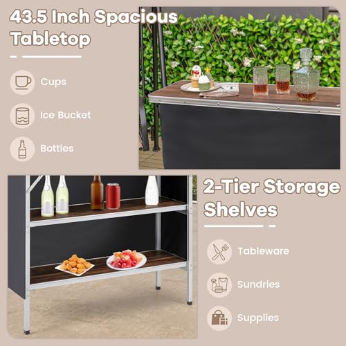 COSTWAY Portable Bar Table for Events, Foldable Pop-Up Bar with Carrying Bag, Collapsible Checkout Counter, 43.5” x 15” x 34.5” Mobile Bartending Station for Party, Craft Fair (2, Brown)
