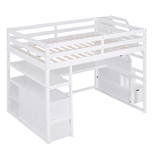 Harper & Bright Designs Twin Loft Bed with Stairs and Desk, Solid Wood Loft Bed Frame with Storage Drawers and Bookshelf for Kids Teens Adults - White