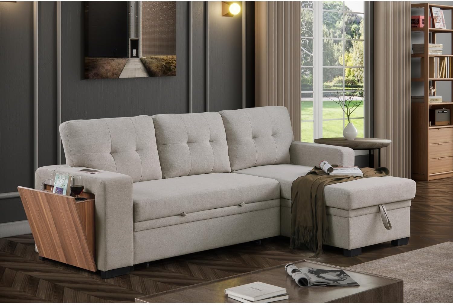 Devion Furniture 92" W Modern L-Shaped Polyester Fabric Upholstered Reversible Side Compartment Sleeper Sectional Sofa Bed with Chaise in Light Gray Finish