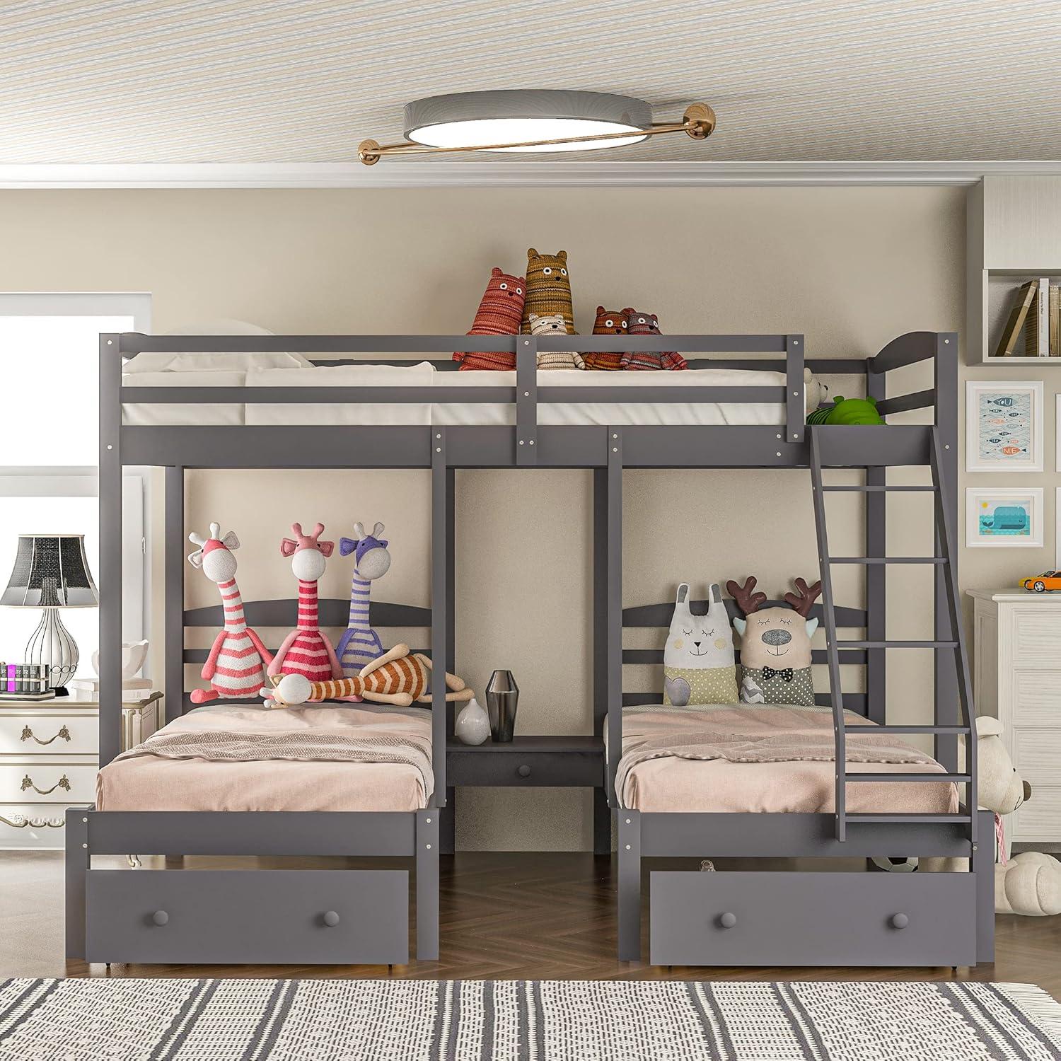 Harper & Bright Designs Full Over Twin Triple Bunk Bed with Storage Drawers,Full Over Twin & Twin Bunk Beds with Ladders,Solid Wood Bunk Bed Frame with Guardrails for Kids Teens Aldults(Grey)