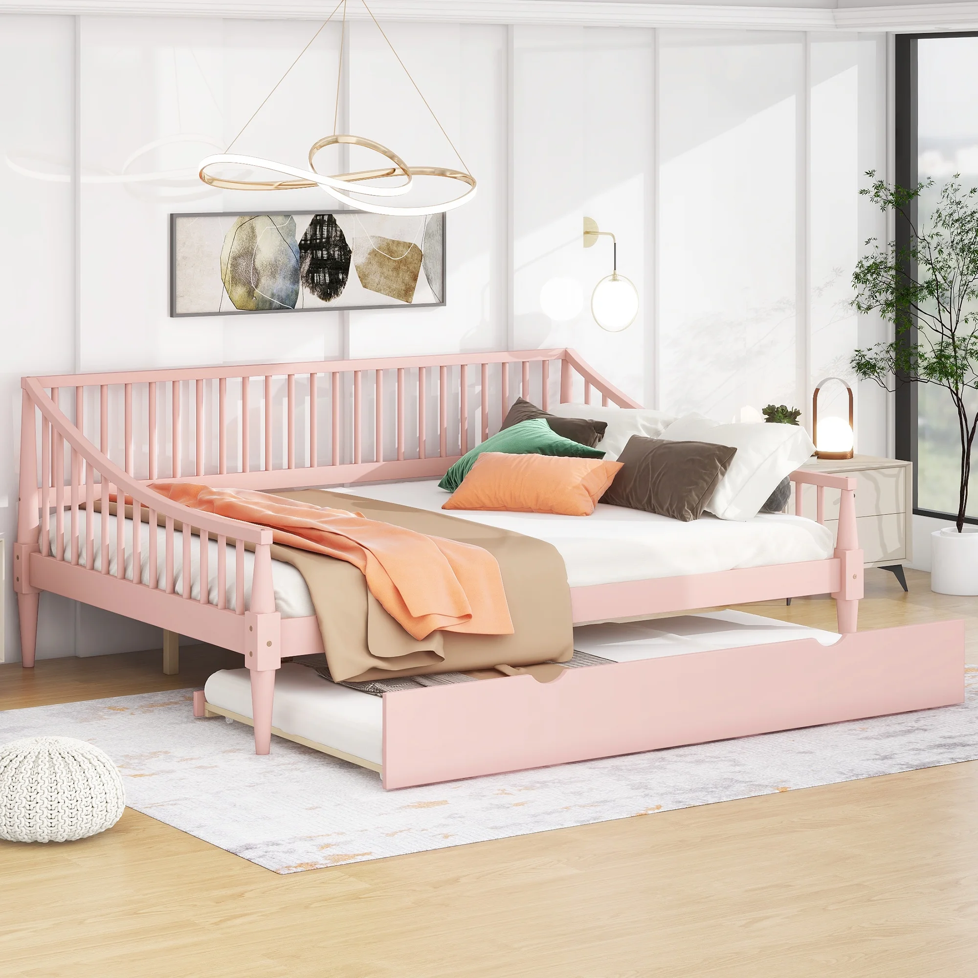 EUROCO Wood Full Size Daybed with Twin Trundle Bed for Kids Teens Adults, Solid Wood Bed Frame with Support Legs, Pink